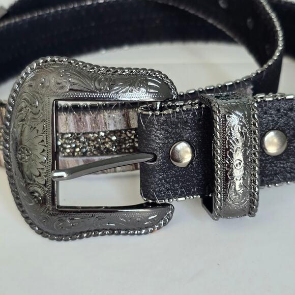 Vintage Western Bling Belt Women\'s Sm Black Leather Faux Marcasite Bead Cowgirl main image 5